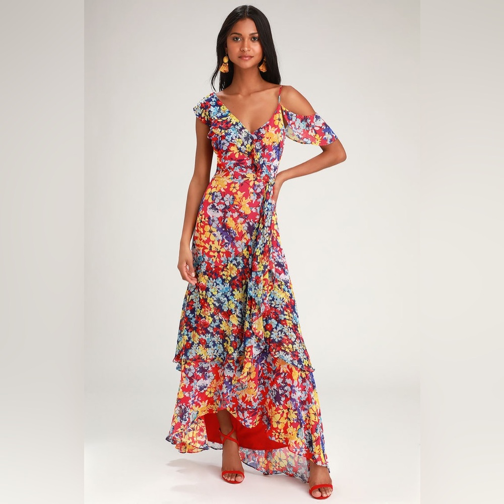 Lulus Radiant Ruby Red Floral Print Chiffon Maxi Dress